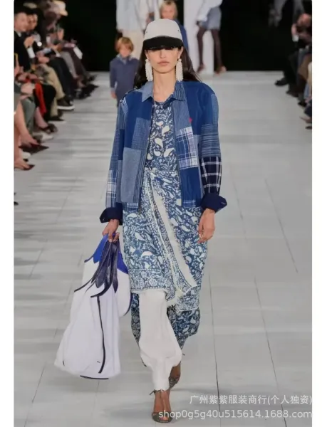 Ralph Lauren Patchwork Denim Jacket and Indigo Block-Print Dress Set with White Tote Bag - 29