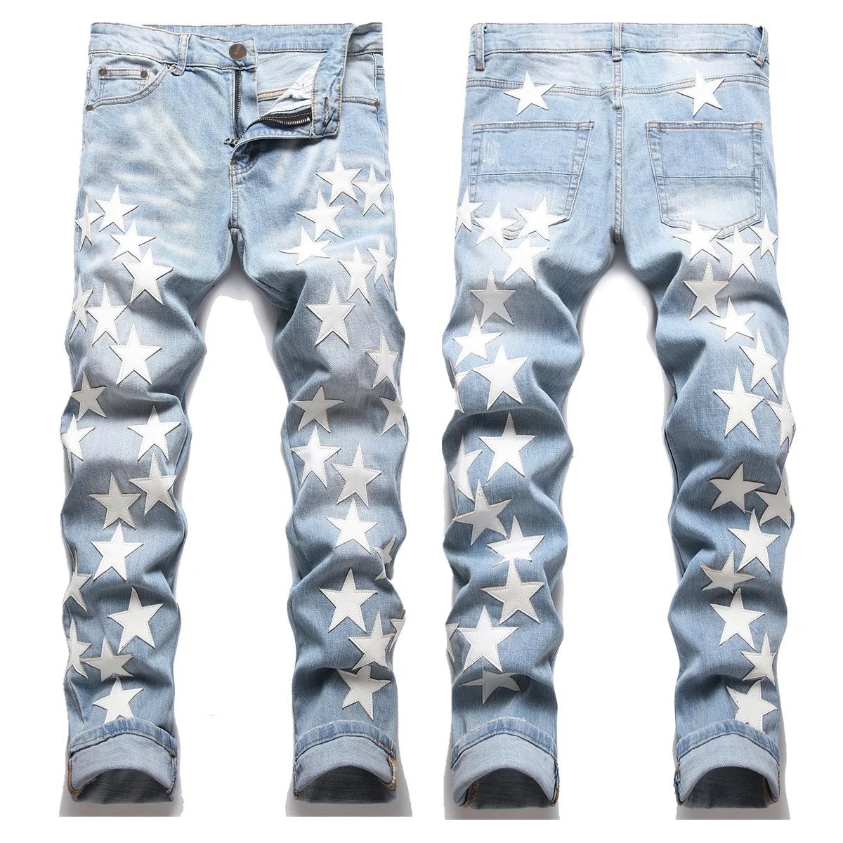 Star-Embellished Distressed Light Wash Jeans - 1
