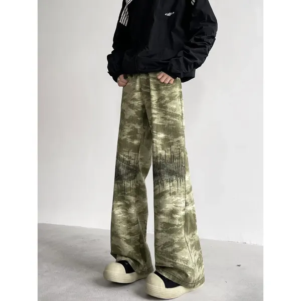 Design Wide-Leg Camo Pants with Soundwave Embroidery Army Green Pants - 1