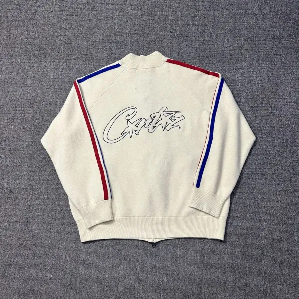 Corteiz Zip-Up Sweater Beige with Red and Blue Stripes - 1