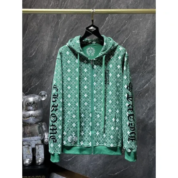 Chrome Hearts Floral Print Zip-Up Hoodie Green - 1