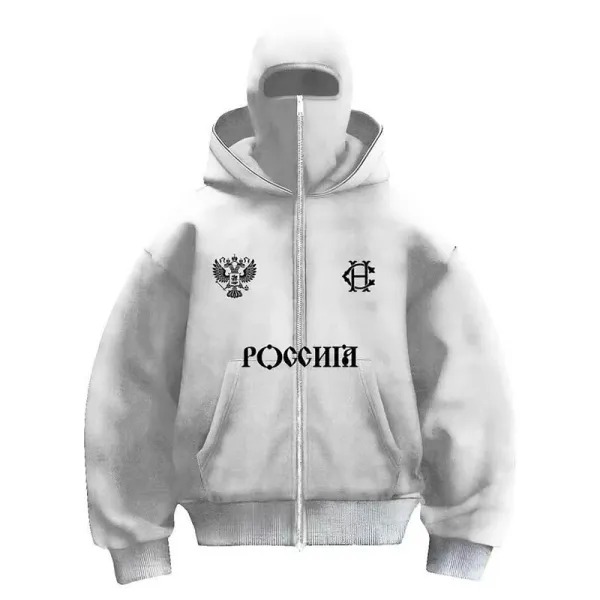 Design Russian Motif Zip-Up Hoodie White - 1
