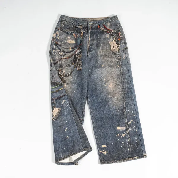 Custom Distressed Chain-Adorned Wide-Leg Jeans - 1