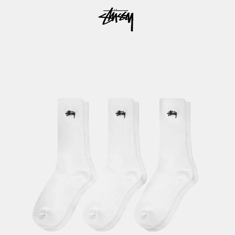 Black and white embroidered towel bottom socks, double needle middle tube socks