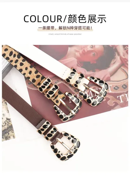 Leopard Print Haircalf Belt with Gold-Tone Buckle Accessories - 13