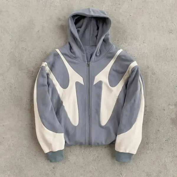 Design Abstract Flame Hoodie Gray and Cream Zip-Up Hoodie - 1