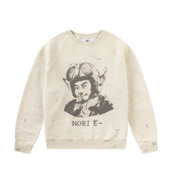 Nori E- Graphic Print Distressed Crewneck Sweatshirt Beige - 1