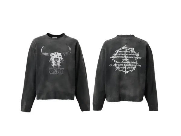 Yeezy × Unknown Artist Distressed Bull Skull Graphic Hoodie Black - 1