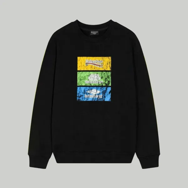 Balenciaga Triple Logo Print Black Hoodie - 1