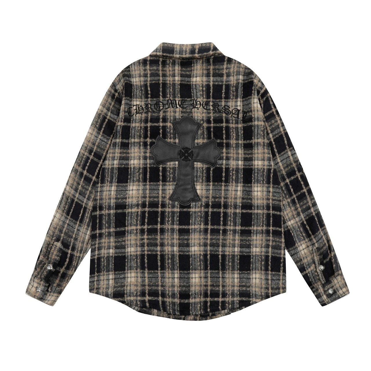 Leather Patch Embroidered Plaid Shirt