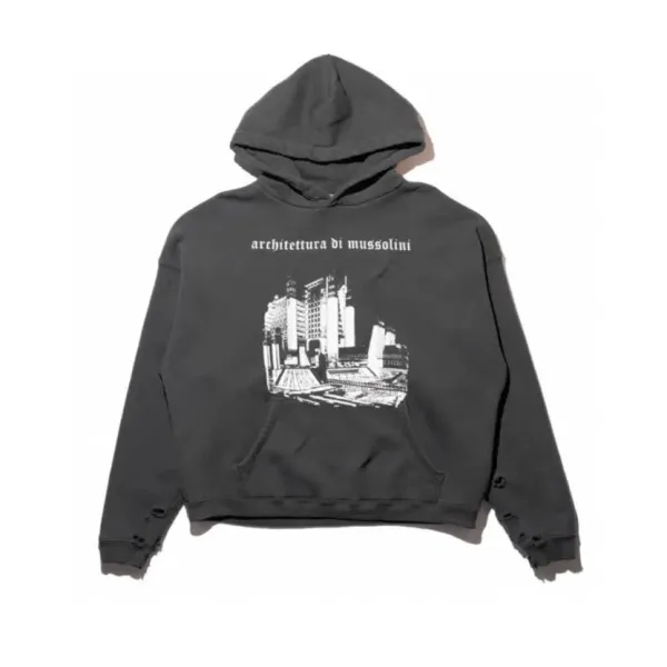Mussolini Architecture Distressed Black Hoodie - 1