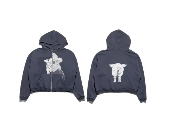 Piggy x Unknown Artist Cropped Zip-Up Hoodie Navy - 1