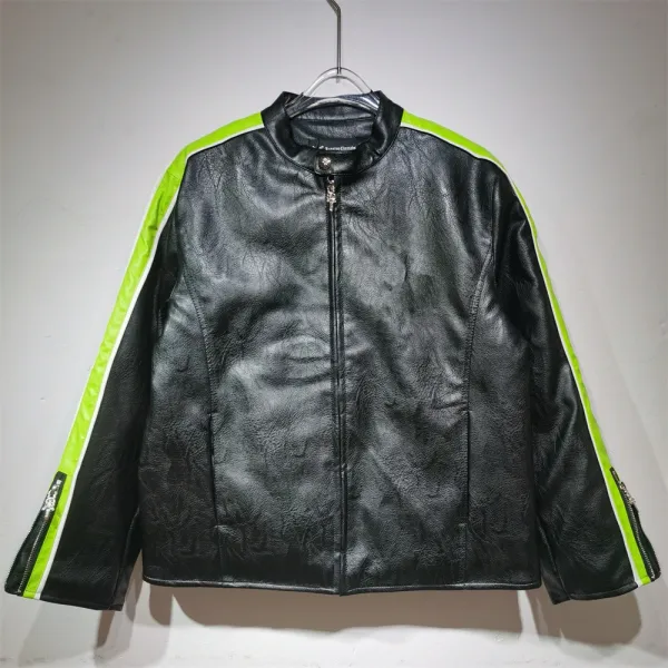 Bennett Cherubin Black Leather Jacket with Neon Green Stripes - 1
