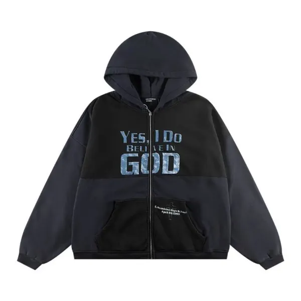 Design 'Yes, I Do Believe In God' Distressed Print Zip-Up Hoodie Black - 1