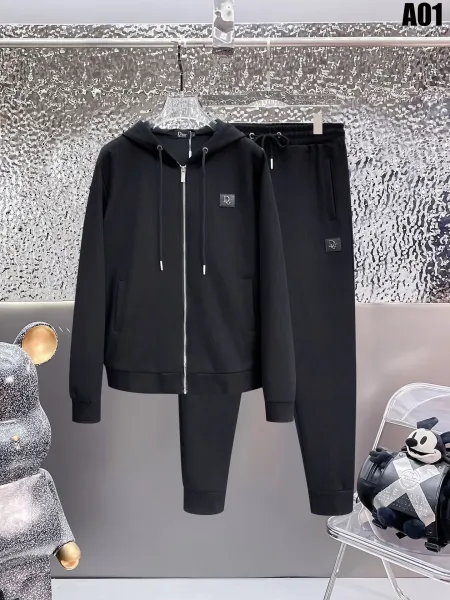 Dior Men's Oblique Logo Zip-Up Hoodie and Sweatpants Set Black Tracksuit - 1