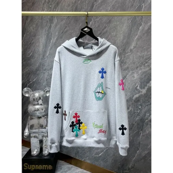 Chrome Hearts x Vision Street Wear Gray Embroidered Cross Hoodie - 1