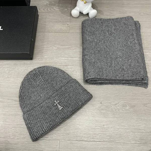 Chrome Hearts Cross Embroidered Gray Knit Beanie and Scarf Set - 1