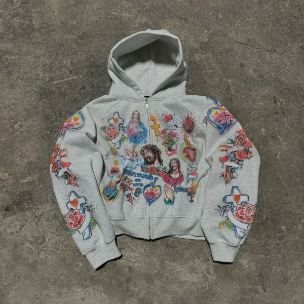 Lighteous x Custom Tattoo-Print Zip-Up Hoodie Gray - 1