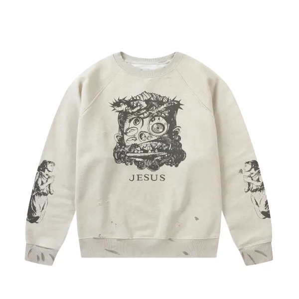 Off-White x Takashi Murakami Jesus Graphic Distressed Crewneck Sweatshirt - 1