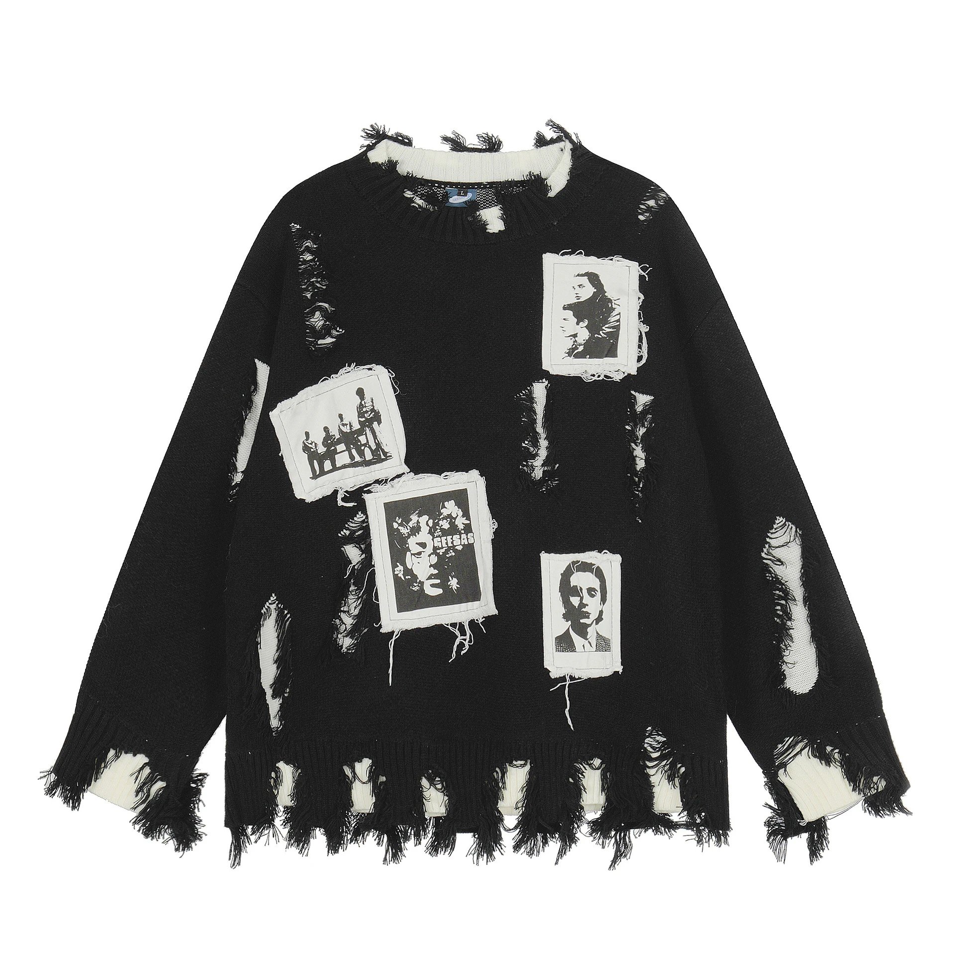 Pure Color Patch Distressed Sweater