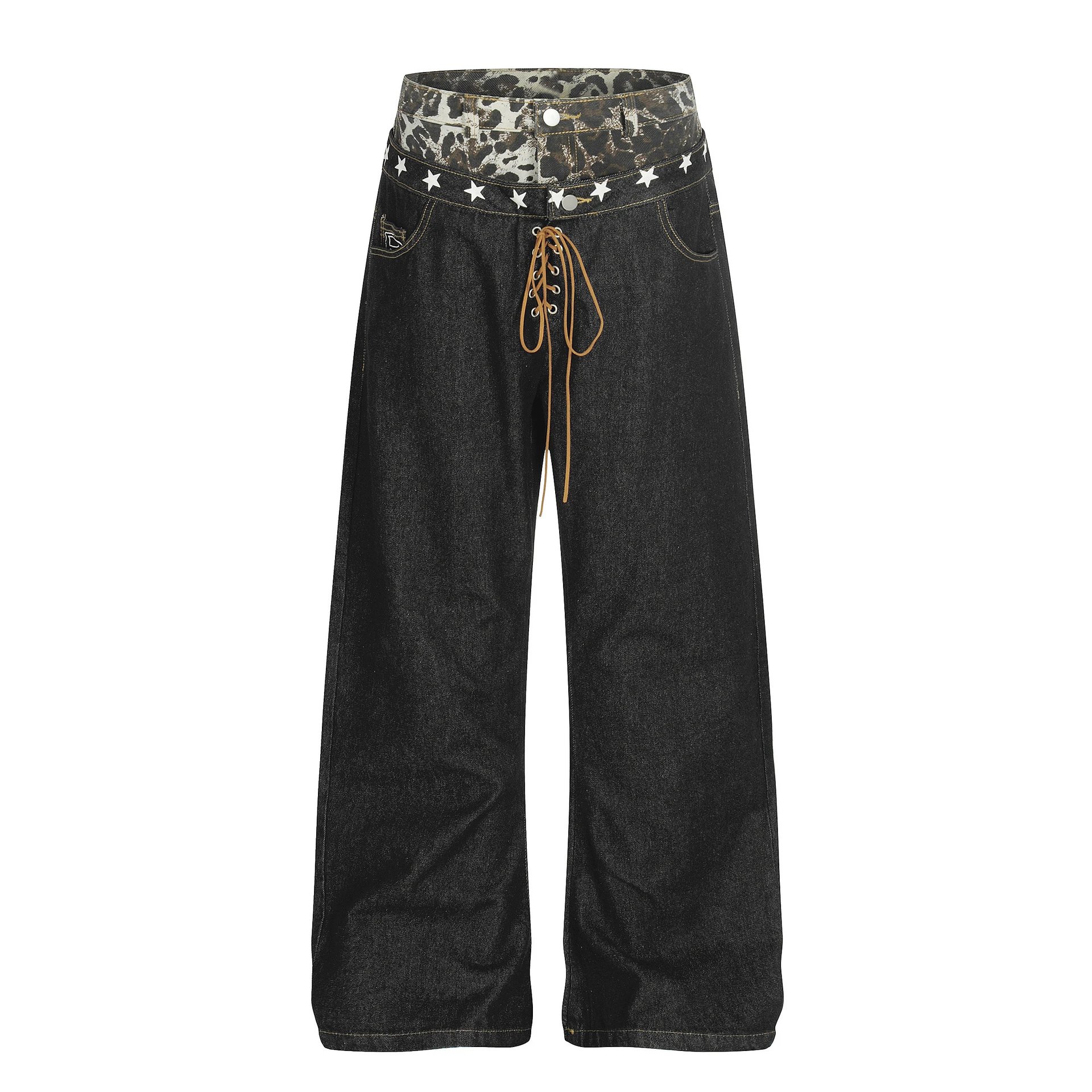 Leopard Waistband Star Drawstring Jeans