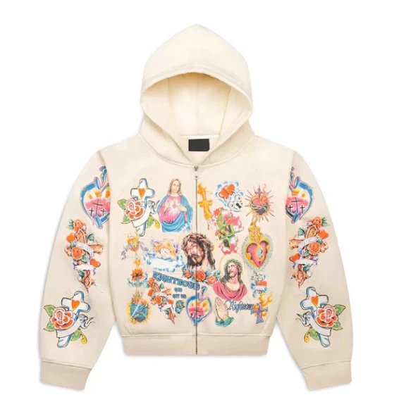 RIPNDIP x宗教印花 Cropped Zip-Up Hoodie Beige - 1