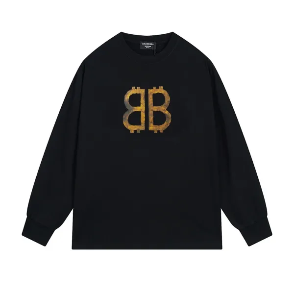 Balenciaga BB Logo Distressed Gold Print Long-Sleeve T-Shirt Black - 1