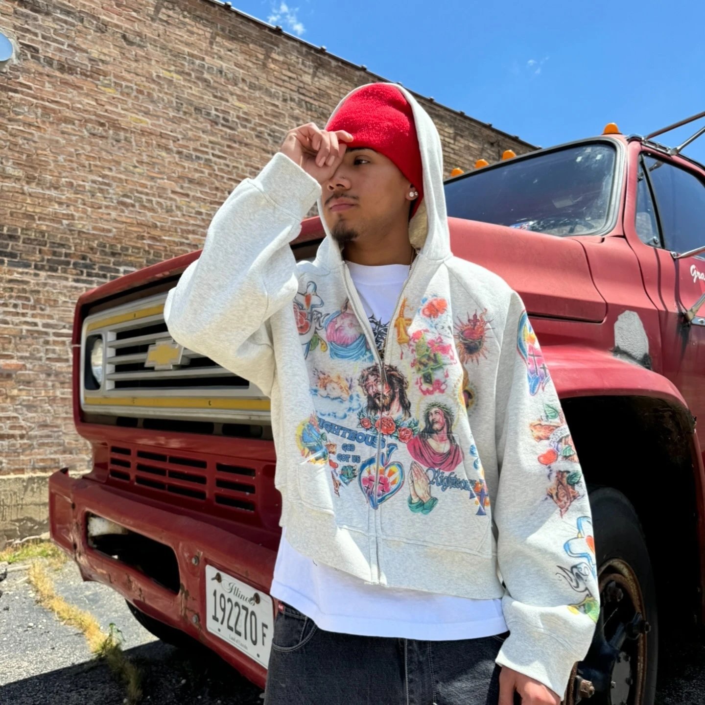 RIPNDIP x宗教印花 Cropped Zip-Up Hoodie Beige - 8