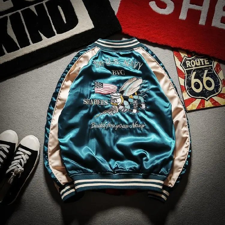 Bee Embroidery Reversible Bomber Jacket