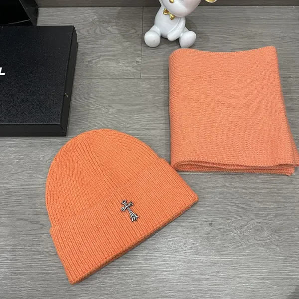 Chrome Hearts Cross Embroidered Orange Beanie and Scarf Set - 1