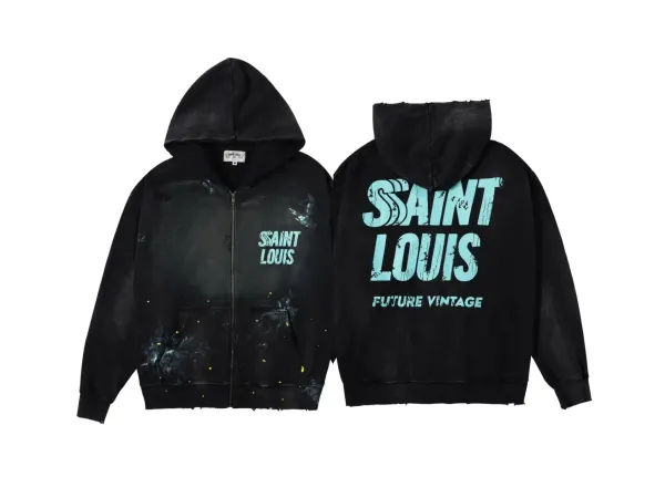 Saint Louis Future Vintage Distressed Zip-Up Hoodie Black - 1