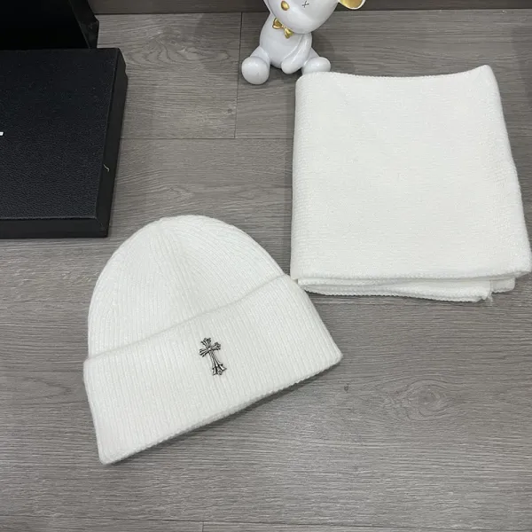 Chrome Hearts Cross Embroidered White Beanie and Scarf Set - 1