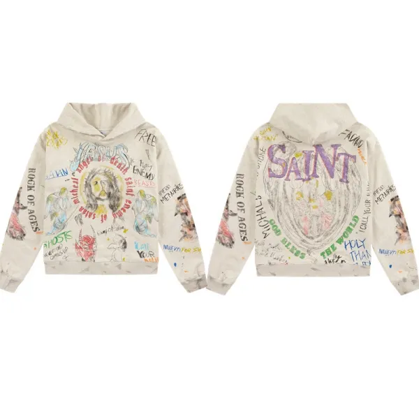 Saint Laurent x Nauvyn Distressed Graffiti Hoodie Beige - 1