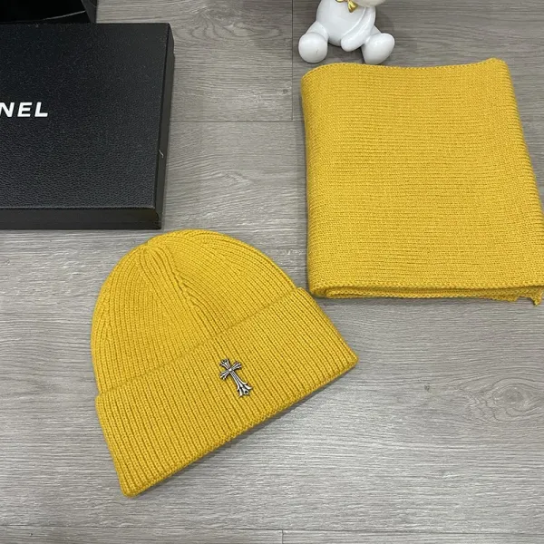 Chrome Hearts Cross-Embellished Yellow Knit Beanie and Scarf Set - 1