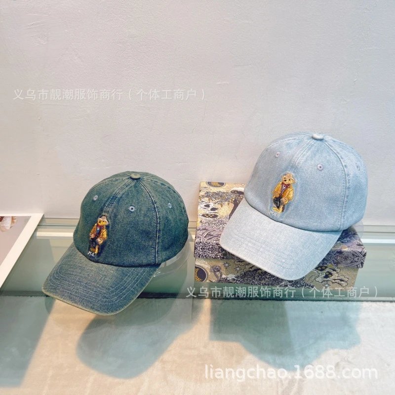 Embroidered Bear Denim Baseball Cap
