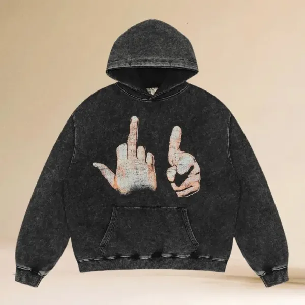Design Acid Wash Hoodie with Double Middle Finger Graphic Black Hoodie - 1