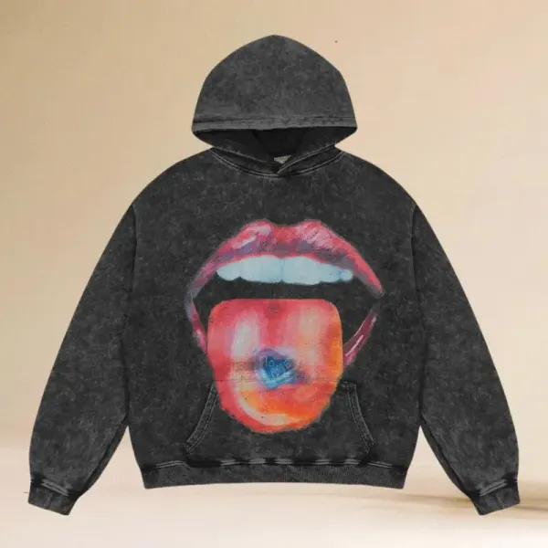 Design Acid Wash Hoodie with Graphic Lip Print Multicolor Hoodie - 1