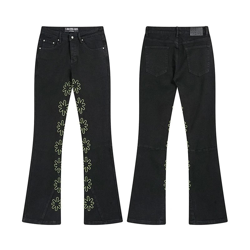 Off-White x Unknown Designer Floral Embroidery Flared Black Jeans - 1