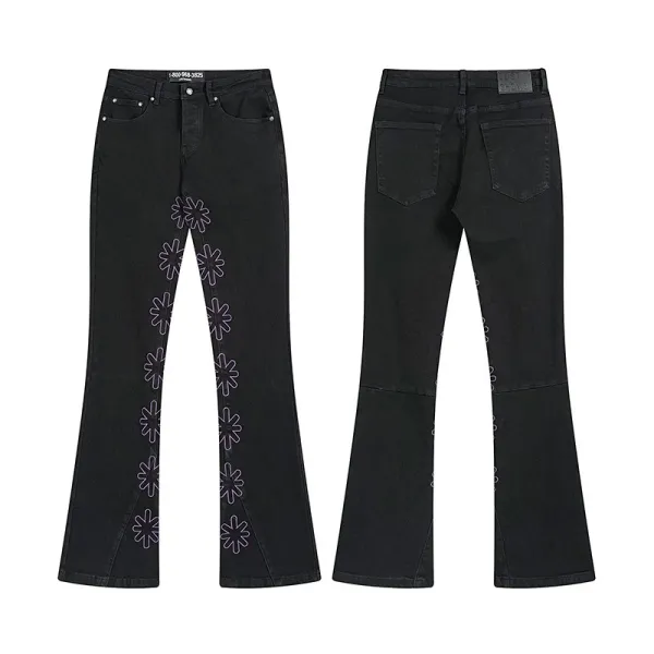 Design Flared Jeans with Floral Embroidery Black Jeans - 1
