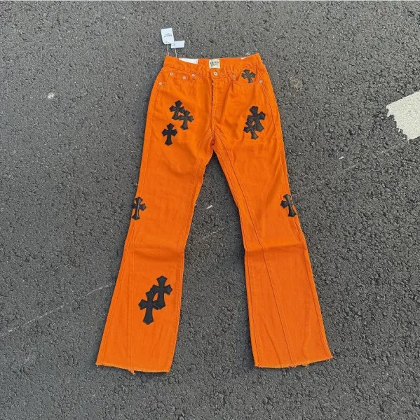 Chrome Hearts Orange Corduroy Cross-Embroidered Flare Jeans - 1