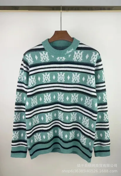 Amiri Logo Intarsia Knit Sweater in Mint Green and Black - 1