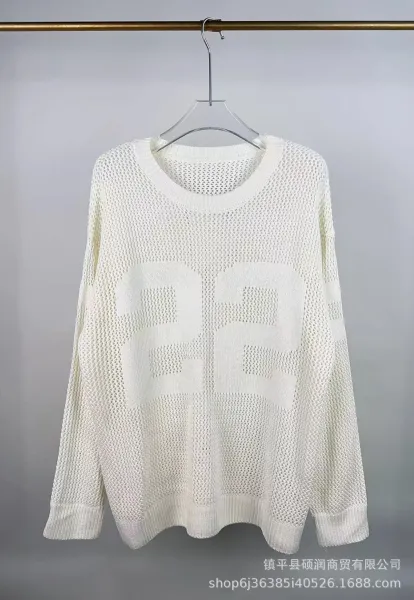 Design Mesh Knit Sweater with Numeric Print White Sweater - 1