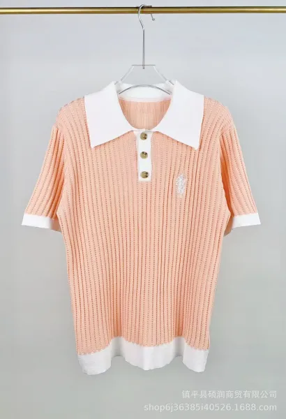 Design Knit Polo Shirt in Peach with White Contrast Collar and Cuffs - 1
