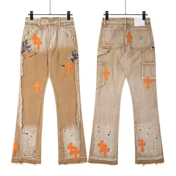 Chrome Hearts x Gali Crux Paint-Splatter Beige Distressed Jeans - 1