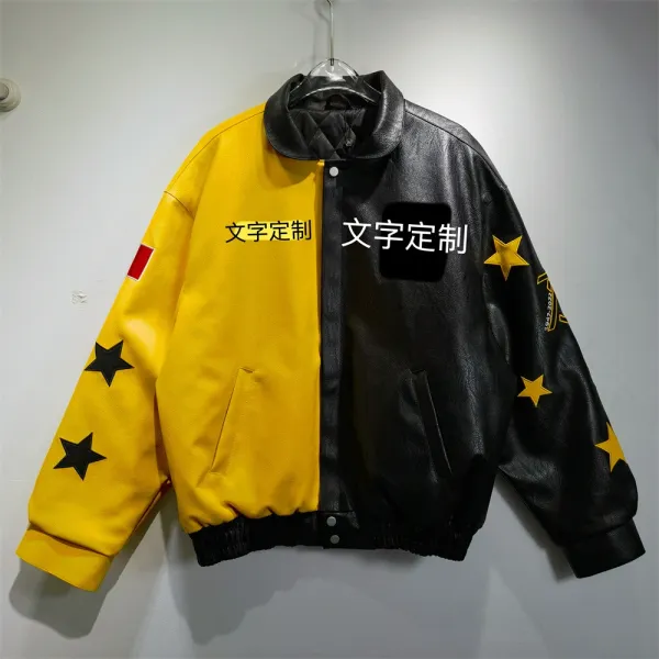 Custom Two-Tone Star-Embellished Leather Bomber Jacket - 1