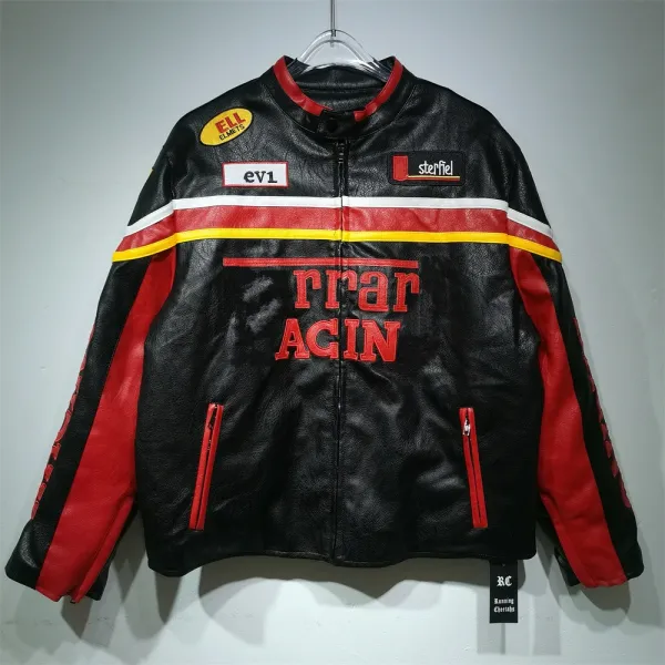 Running Cheetahs x Ferrari Agin Leather Racing Jacket Black Red Yellow - 1