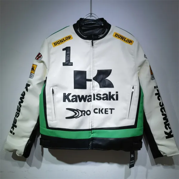 Kawasaki x Pro Circuit Racing Leather Jacket White Green Black - 1