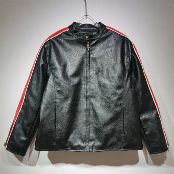 Design Track Stripe Leather Jacket Black with Red and White Stripes - 1