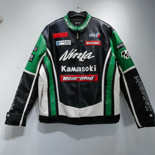 Kawasaki Ninja Racing Leather Jacket Black Green White - 1