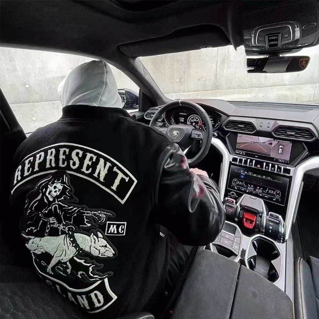 Baseball Jacket Evil Dog Embroidery Leather Sleeves